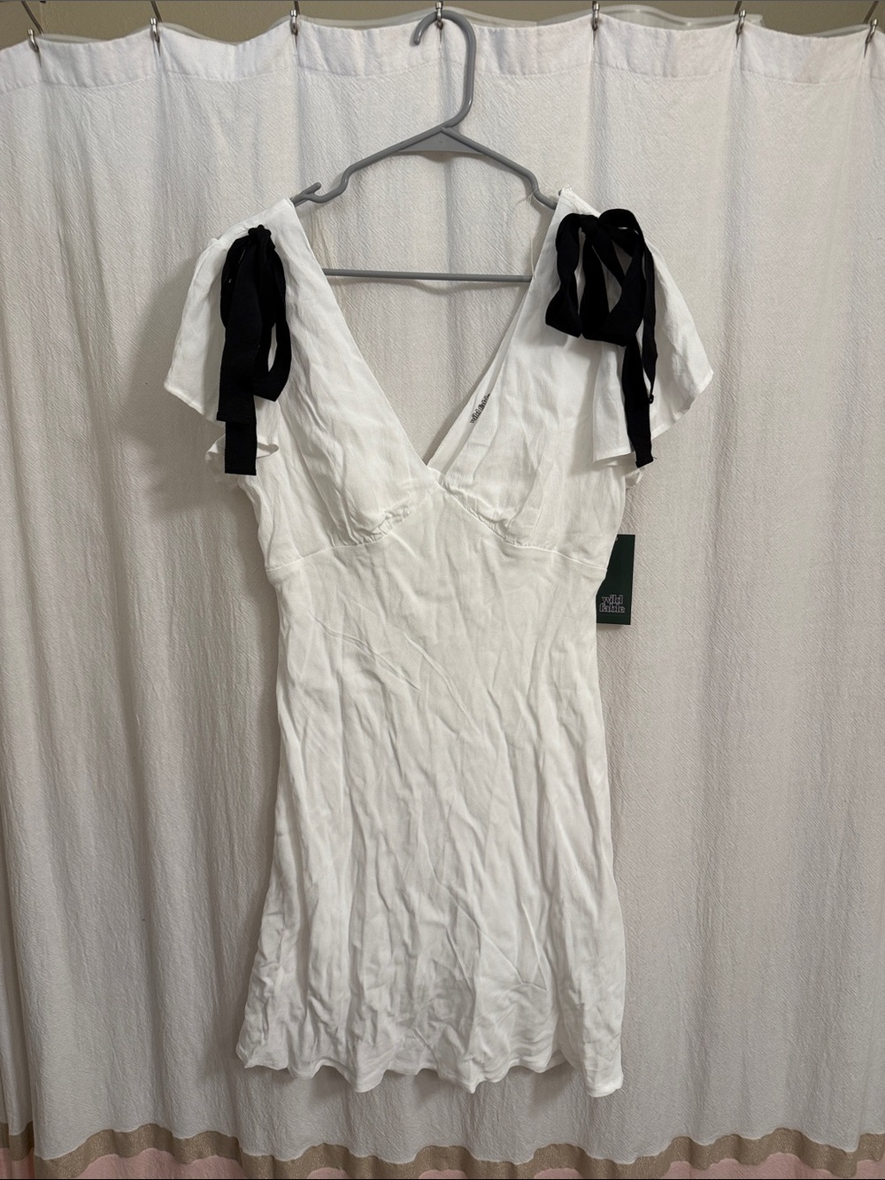 wild fable White V-Neck Slip Dress with Black Tie-Shoulder Ribbons